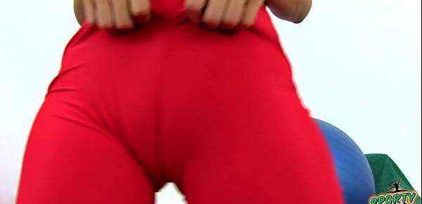  Perfect Cameltoe and Ass In Tight Red Spandex Working Out Babe